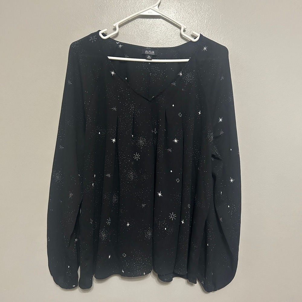 a.n.a Blouse Women XXL Black Celestial Star Print V-Neck Long Sleeve Witchy Boho